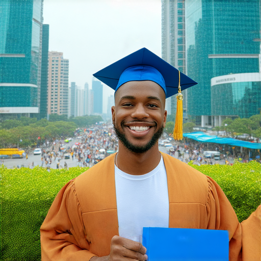 畢業生手持畢業證書，展現自信笑容，背景為繁華都市，象徵著用畢業證書開啟職場奇蹟，傳遞畢業後成功秘訣的潛力與機會。