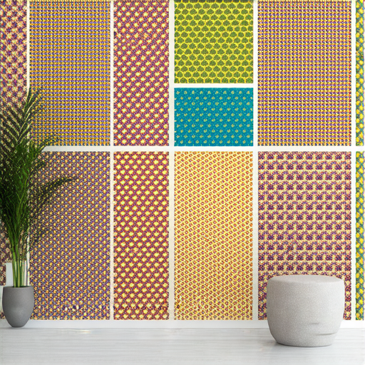 靜電貼裝飾牆壁的圖片，展示各種花樣與顏色的靜電貼，輕鬆應用於不同風格的室內空間，讓牆面生動有趣，持久使用無需黏膠。