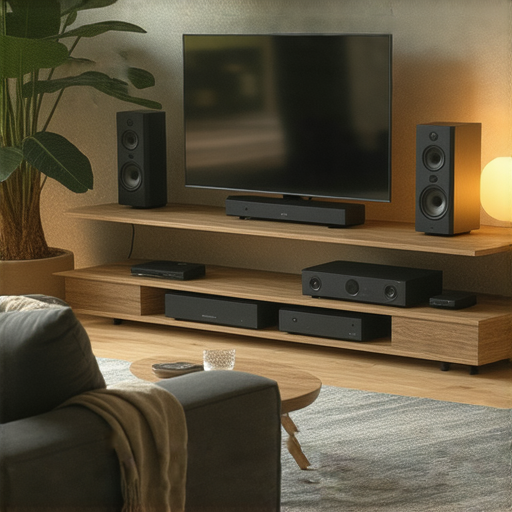 家中音響革命提升家庭音樂體驗的裝置，展示高品質音響系統、音響設備的擺放，搭配舒適的客廳環境，展現音樂帶來的氛圍與享受。