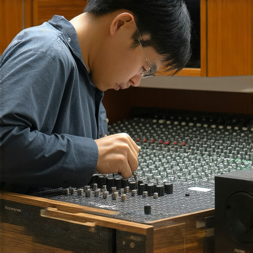 舊音響維修良哥正在修理Onkyo擴音機，專注於音響重生技巧，背景為香港的音響維修工作室，展現專業維修環境，適合需要維修音響設備的用戶。