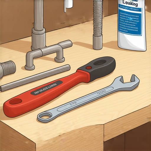 水龍頭漏水修理過程，顯示工具和材料如扳手和密封膠，專注於DIY修理秘訣，強調輕鬆解決漏水問題的步驟，適合家庭維修與維護。