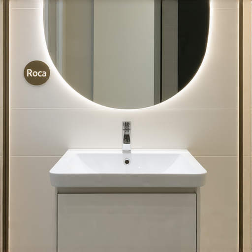 旺角最時尚的Roca洗手盆櫃組合展示，設計現代，材質高品質，淺色調搭配，適合打造理想浴室的優雅氛圍，展示功能與美學的完美結合。