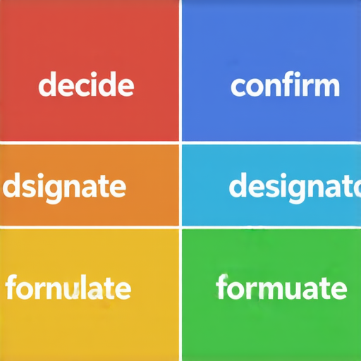 關於決定、肯定、指定與制定的英文翻譯與用法解析圖示，展示詞彙用法差異及相關例句，幫助理解決策過程與語言應用，適合學習英文的讀者。