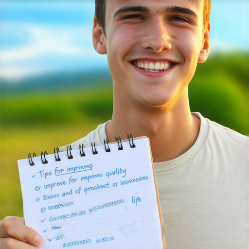 一位年輕人在陽光下微笑，手中持有一張寫有提升生活品質技巧的便條，背景為美麗的自然風景，呈現輕鬆愉快的生活氛圍，強調簡單技巧的有效性。