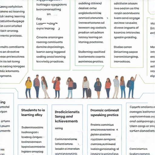 探索英文學習的多面向旅程，展現學生在不同環境中累積知識的過程，包含閱讀、聆聽及口說練習，強調持續學習的重要性，反映積極進取的學習態度及成果。