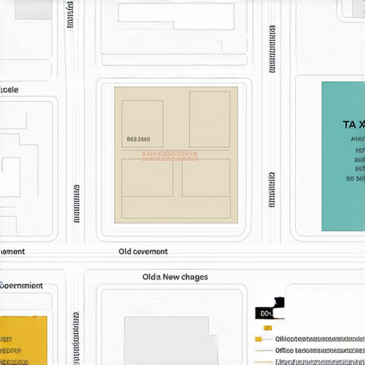 稅務與政府大樓搬遷的公告圖片，展示新舊位置的對比地圖，加上搬遷日期與關鍵改變的標示，表達搬遷對民眾生活及稅務服務的影響和適應期的必要性。