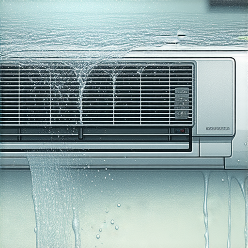 冷氣機滴水的現象，顯示冷氣機上方的水滴，周圍有濺水痕跡，背景是室內環境。此圖揭示冷氣機故障原因，提供自救秘訣，幫助使用者解決問題。