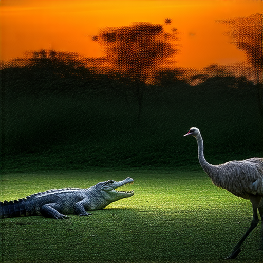 探索黑暗中的奇妙，展示一隻鱷魚和一隻鴕鳥在黃昏時分的奇妙組合，背景隱藏著神秘的自然景觀，呈現出獨特的生態互動和驚人的色彩對比。