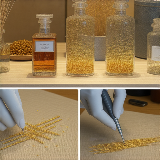 郵輪配件的製作過程，展示酒精和醋的混合方法，旁邊擺放著神秘金針，專業的工具及材料，細緻的手部操作，讓觀眾了解如何輕鬆製作完美郵輪配件。