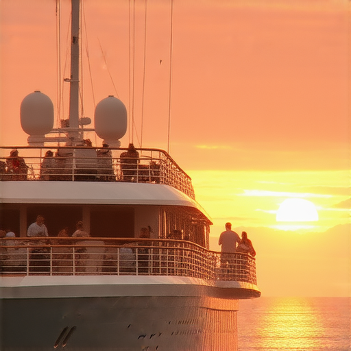 郵輪旅遊中的巧妙遷就與避免技巧，乘客在甲板上享受日落的美景，背後是一艘豪華郵輪，展現出如何讓郵輪之旅更添魅力與驚喜。