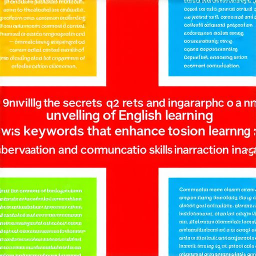 揭開英文學習的秘密，關鍵詞提升觀察與交流技巧的示意圖，展示各種關鍵詞與相關圖片，幫助學習者有效掌握英文學習要素，促進交流能力。