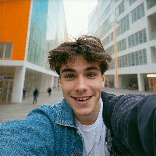 一位年輕人用自拍記錄自己的生活轉變，展現專業與興趣的變化，背景為城市景色，表達辭職新風潮下的自我成長與探索。