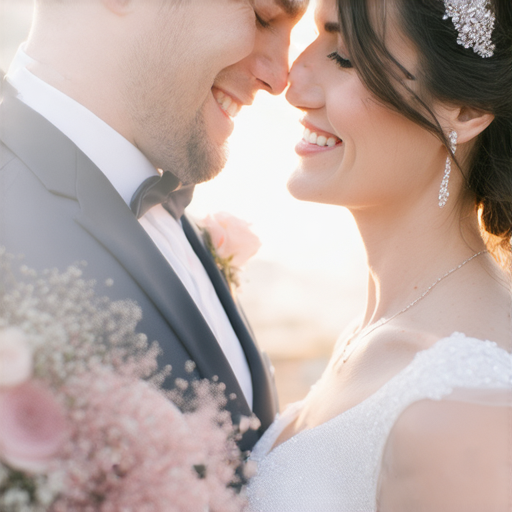 揭開新婚的秘密，展示一對新人在浪漫環境中微笑的互動，象徵愛情中的新鮮感和共享美好時光，強調持久婚姻的幸福與深情。