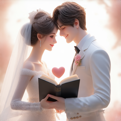 解鎖英語新婚詞彙的圖像，展示戀人手捧愛心形狀的書本，背景為浪漫的婚禮場景，象徵愛情不再冷淡，提升情感交流與親密感的核心理念。