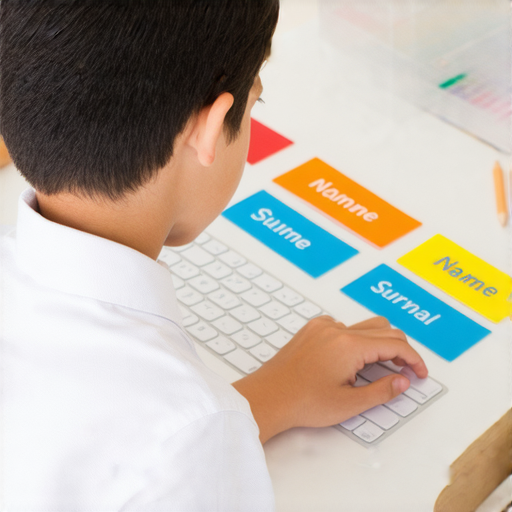 小三學生練習英文打字技巧，桌面上放置器具名稱卡片和姓氏練習表，提升英文學習效率，掌握打字能力，增強語言學習動機。