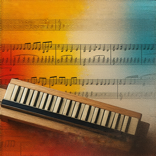 探索音樂的魅力，展示口琴和古箏藝術表演，背景為多彩音符，傳遞生活中的旋律與和諧，鼓勵人們體驗樂器的魅力與音樂的力量。