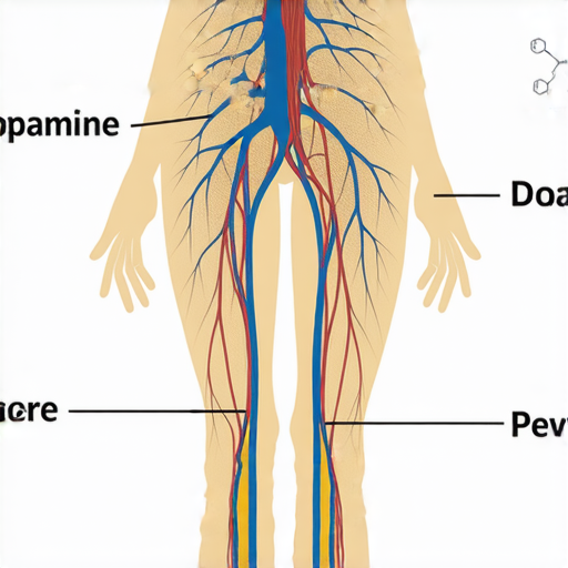 坐骨神經與多巴胺的關聯圖示，展示神經系統如何影響情緒與毅力，強調堅強與堅毅力量的來源，配合生理結構與化學反應的視覺化解釋。