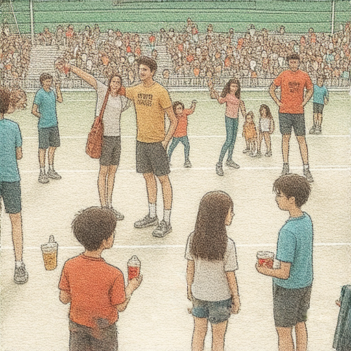 運動場旁的鄰居邀請，酒後道歉的情景，展示一群人互動的奇幻連鎖，彰顯運動與友誼的連結，展現社區生活的獨特魅力。