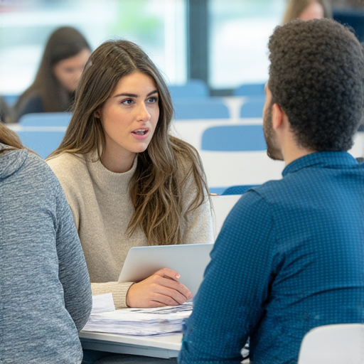 專業人士參加商業英語及商務英語課程，討論提升專業競爭力的策略，背景展示課堂教學及學習資料，強調學習語言技能對未來職涯的重要性。