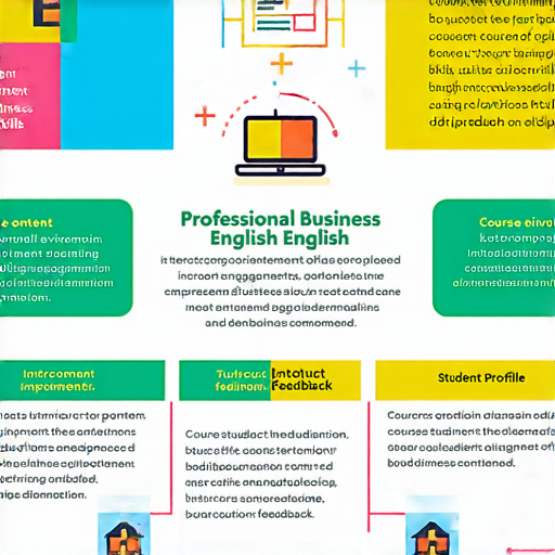 提升專業能力的商業英語課程與商務英語課程介紹圖，展現互動學習環境，包含課程內容、師資介紹以及學員反饋，強調提升英語水平以適應全球商業需求。