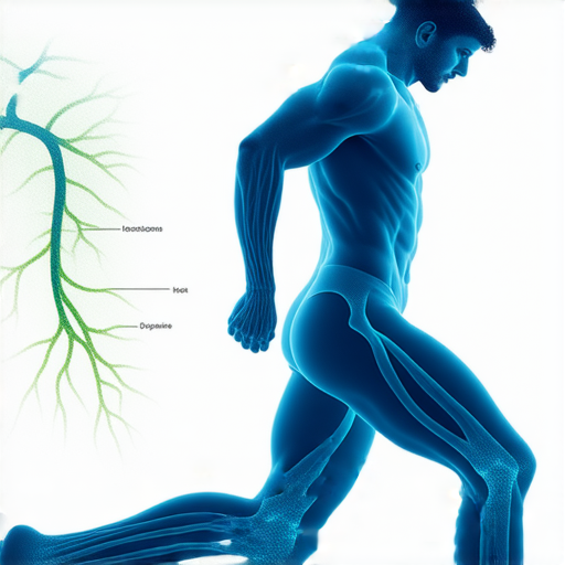 坐骨神經痛的示意圖，顯示疼痛部位與相關神經，旁邊有多巴胺結構圖示，表達堅強面對疼痛的主題，並引發思考持續忍耐的能力。