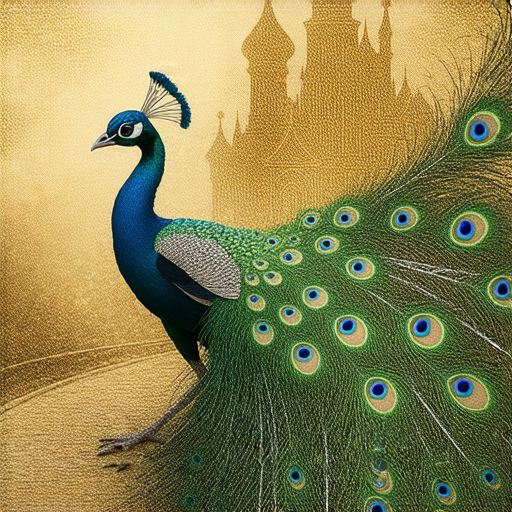 一隻美麗的孔雀展翅，奢華的羽毛色彩鮮豔，背景中有金色的夢想城堡，象徵著透過安眠藥達成夢想生活的奢華秘密。