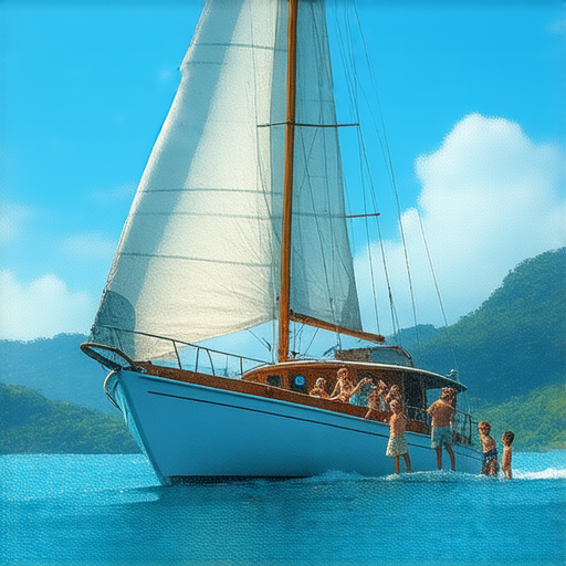 探索神秘的巴西，展示一艘帆船在海面上航行的壯麗景色，旁邊有幼稚園的小朋友們在探索自然，象徵著巧合與智慧的結合，反映出巴西的文化與教育。