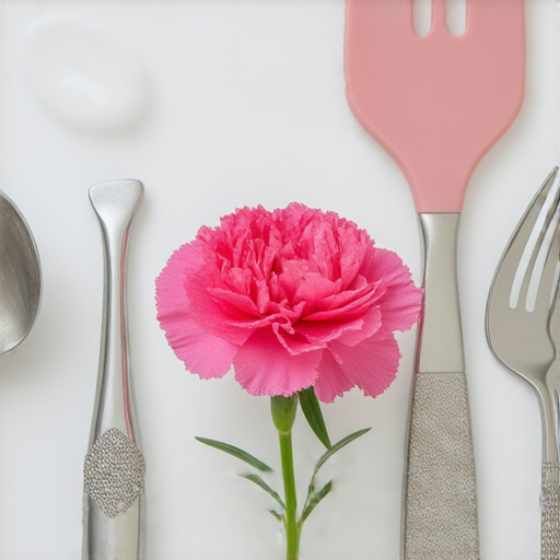 一朵康乃馨與各式廚具擺放在廁所中，展現意想不到的幽默與廁所小知識，創造搞笑的氛圍，讓人忍俊不禁。