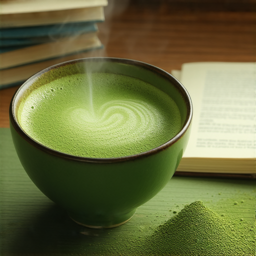 抹茶與英語學習結合的創意圖片，展示了飲用抹茶的過程，背景中顯示學習英語的書籍和筆記，傳達抹茶如何提高專注力與學習效果。