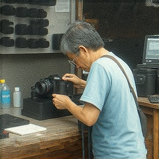 深水埗與旺角的相機維修攤位，技術人員專心修理故障相機，旁邊展示各種維修工具，吸引路過行人，展現攝影愛好者尋求專業維修服務的景象。