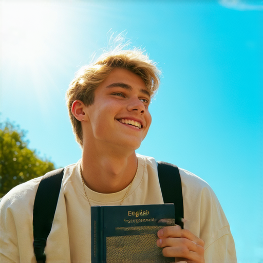 一位自信的年輕人在陽光下微笑，手握一本英文書，象徵著如何用英文增強勇氣與動力，助力生活中的成功與成就。
