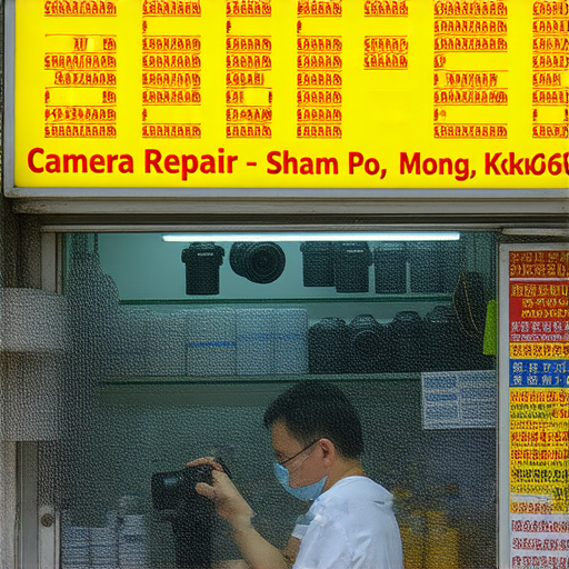 深水埗與旺角的相機維修服務店鋪外觀，顯示專業技術人員正在檢查相機，提供價格指南與服務推薦，適合攝影愛好者前來尋求幫助。