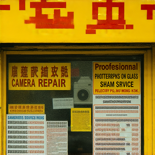 深水埗與旺角專業相機維修店的外觀，展示多家維修服務的招牌，吸引攝影愛好者及專業人士，並附上各種維修價錢介紹，讓消費者選擇。