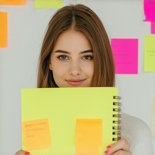 女孩手持多彩便利貼與專業板便條，展示其日常與工作應用的魅力，創意與功能性結合，揭開便條的獨特價值，吸引人們探索更多可能性。