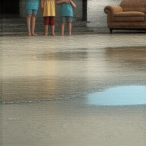 水管爆裂後的家庭場景，地面積水涼，牆壁和家具受到水損，管道漏水綫索清晰可見，強調水管故障的危險與影響，揭示潛在隱藏危機。