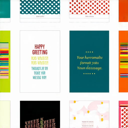 創意賀卡格式秘訣介紹，圖中展示多樣化的賀卡設計，包括色彩鮮豔的背景與祝福語的排版，吸引讀者點擊探索，讓祝福更具特色和個性化。