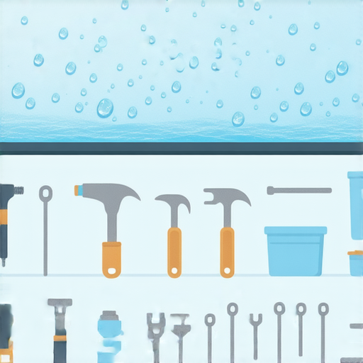 樓上漏水情況的示意圖，展示水流滴落以及可能的水電維修工具，提供五個實用秘訣，幫助快速有效解決漏水問題，保障家庭安全與舒適。
