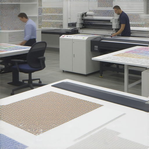 火炭印刷公司內部工作場景，設計師專注於將創意設計轉化為印刷品，展示印刷流程與市場熱銷品的製作過程，呈現專業印刷技術和設備。