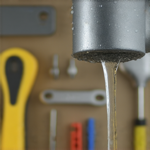 水龍頭漏水的特寫，顯示水流的細節和漏水情況，背景有工具和修理材料，強調DIY修理技巧，幫助人們節省水費，解決漏水問題的方法。