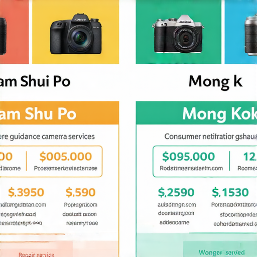 深水埗與旺角的相機維修服務價格比較圖，展示各店鋪提供的維修項目和費用，幫助消費者選擇合適的服務。