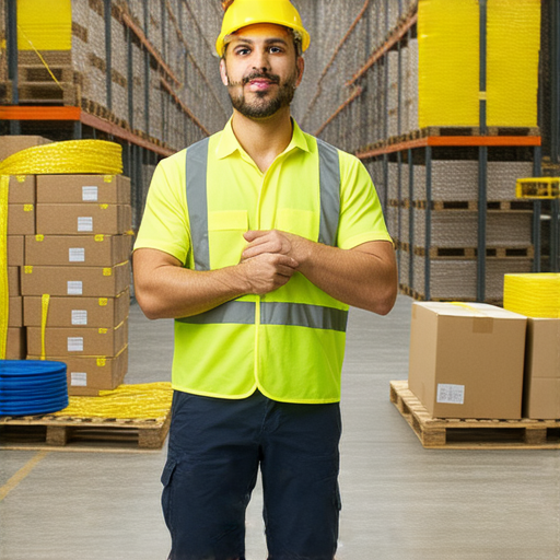 一位工作人員正在使用不同類型的打包帶和包裝工具，展示如何選擇最適合的包裝工具，以提高物流效率，背景中可見物流環境。