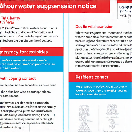 天水圍停水48小時的通知海報，顯示如何應對停水情況，提供解決方案及緊急聯絡資訊，強調居民的應對策略和重要提示。