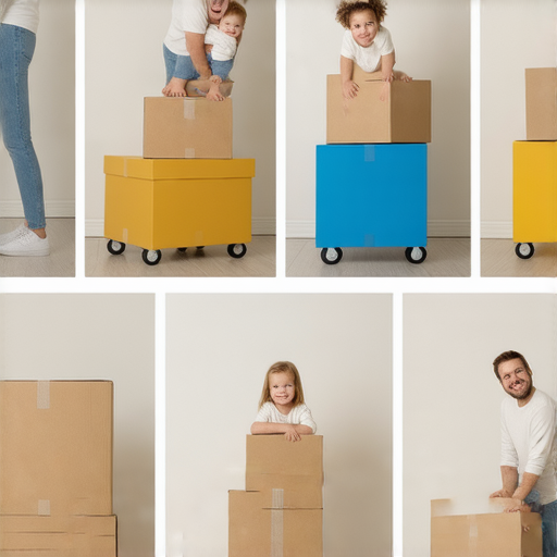 神奇帶輪紙箱，方便搬家必備，輕鬆運送家當，展示多個使用場景，紙箱結實耐用，適合各類物品搬運，增添搬家效率，讓搬家過程更加輕鬆愉快。