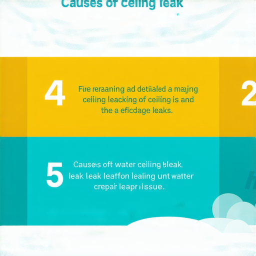 天花板漏水的原因分析圖，展示五大原因及相應解決秘訣，突顯漏水問題的嚴重性及其修復方法，幫助讀者了解如何有效處理天花板漏水的問題。