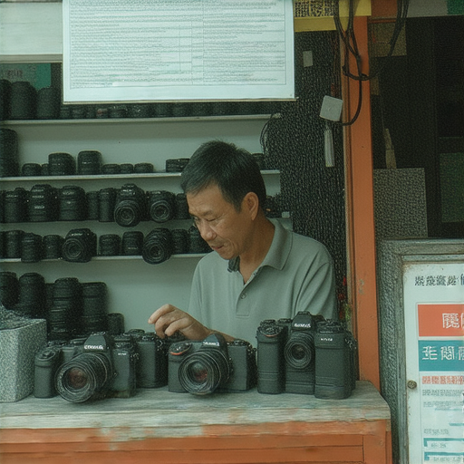 深水埗旺角相機維修店內景，專業技術人員正在檢查相機，顯示維修設備與工具，並提供維修價錢報價單，吸引顧客了解服務質量。
