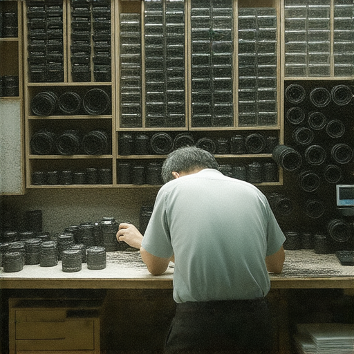 深水埗相機維修工作室內部，技術人員專注於檢查相機配件，顯示各種維修工具和設備，揭示未公佈的維修秘訣，吸引攝影愛好者注意。