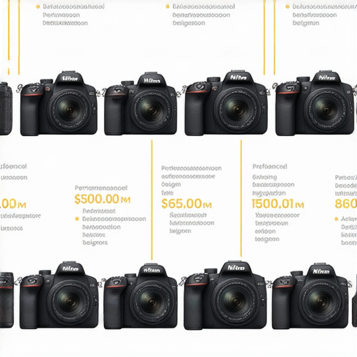 Nikon 相機選購指南的圖片，展示各型號對比，包括入門型與進階型，強調性能、設計與價格，幫助攝影愛好者理解不同型號的特色，適合新手與進階使用者。
