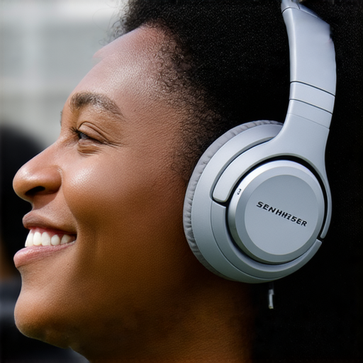 Sennheiser無線耳機的展示圖，強調其高品質音效和時尚設計，顯示耳機特寫以及使用者享受音樂的愉悅表情，喚起音樂愛好者的興趣和好奇心。