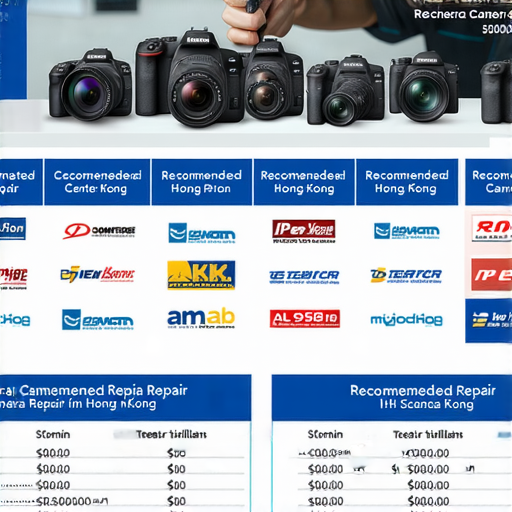 香港相機維修中心推薦及價格資訊一覽的圖片，展示多家相機維修店的標誌、價格表以及專業技術人員，提供維修服務和價格比較，幫助消費者選擇合適的維修選項。
