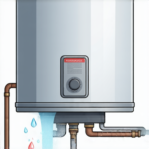 熱水爐漏水現象示意圖，顯示漏水部位及可能原因，並提供解決方案。提醒居家安全的重要性，以及及時檢查熱水爐的必要性。